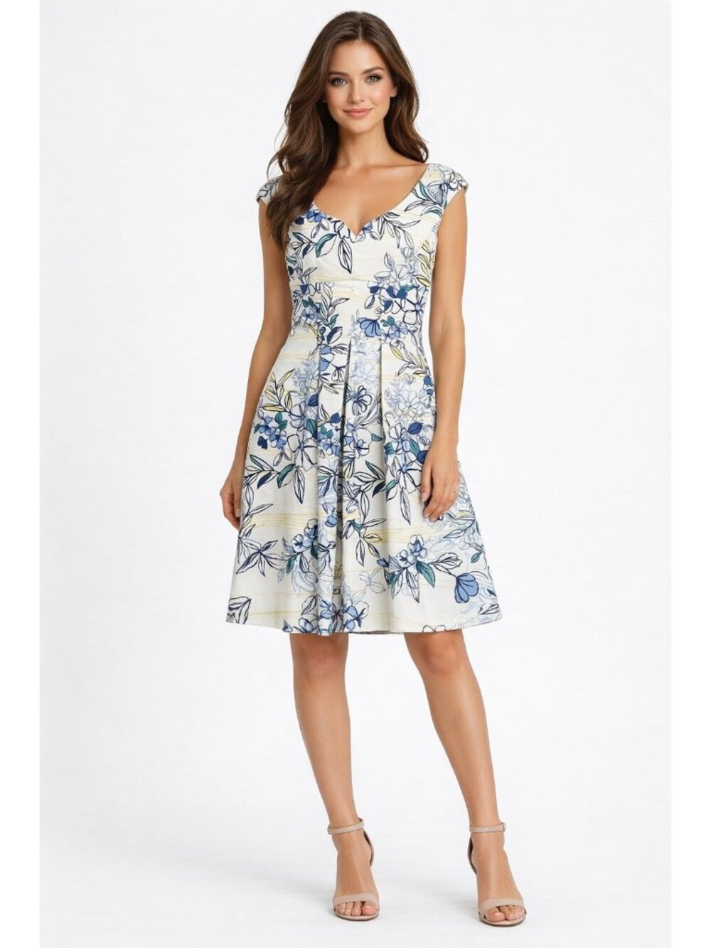 DB Womens Floral Fit Flare Dress White Blue Midi Pleated Summer Size 6